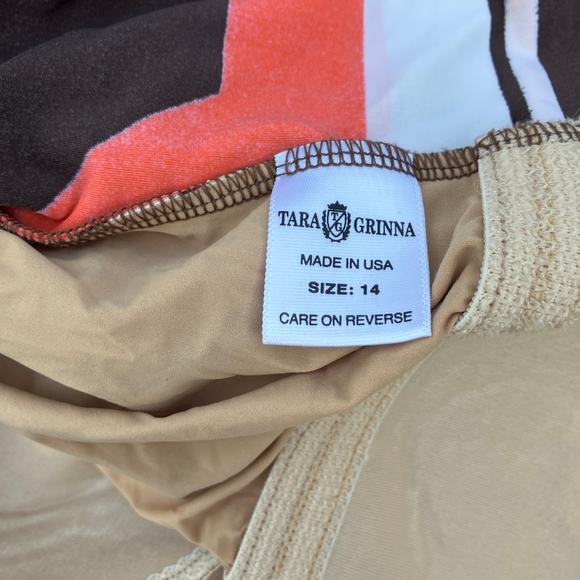 Tara Grinna Swimsuit Sz 14 One Piece Faux Wrap Brown Orange Retro Geometric - Picture 10 of 15